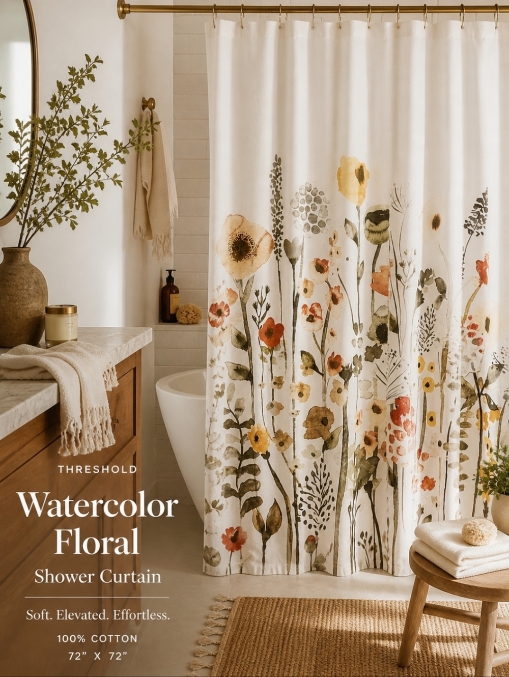 Threshold Watercolor Floral Shower Curtain 72x72 Cotton Neutral Botanical Anthro